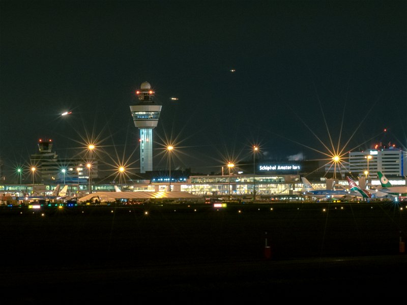 Schiphol Amsterdam International Airport by night.