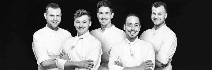 Die Finalisten des «Goldenen Kochs»: Janic Mühlemann, Shaun Rollier, Mario Garcia, Daniele Angelosanto und Robin Höfer.