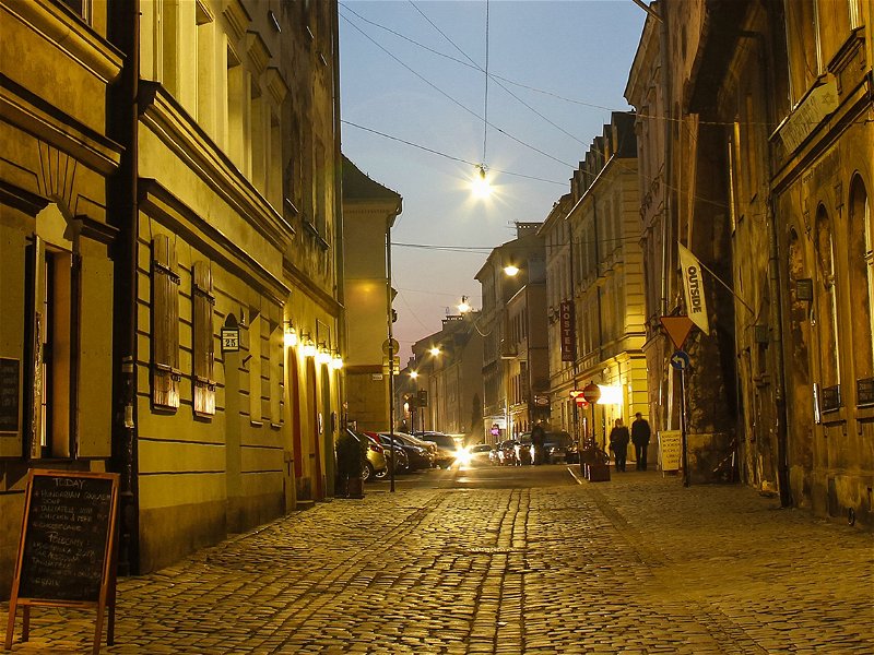 KRAKOW - DECEMBER 14: Kazimierz, former jewish quarter of Krakow: Jozefa Street, Krakow, Poland on December 14, 2013.