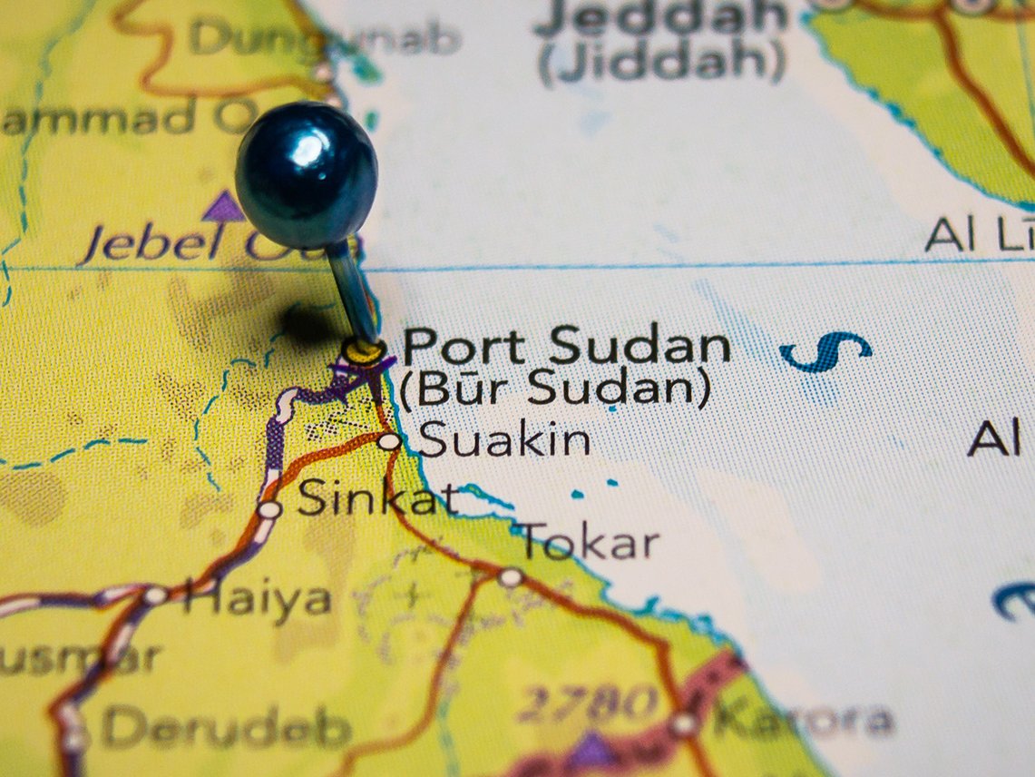Port Sudan, city in Sudan pinned on geographical map