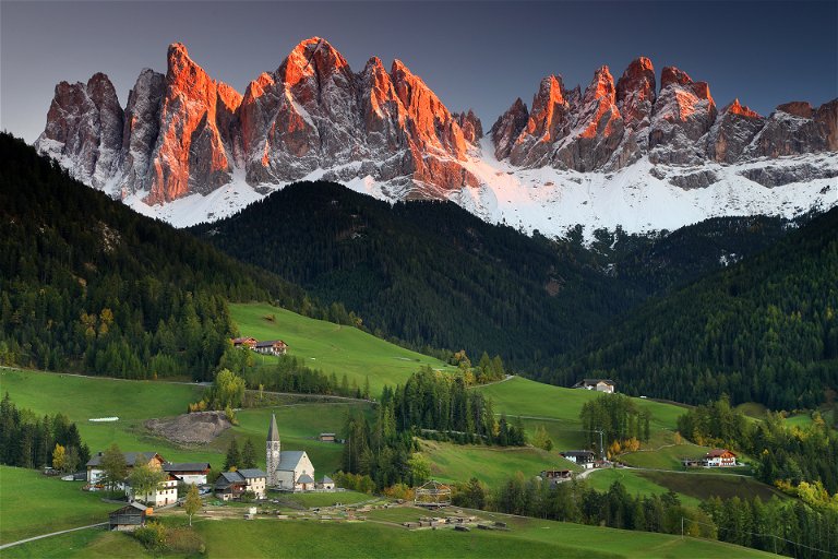 Odle Dolomites Group, Val di Funes, Italy.