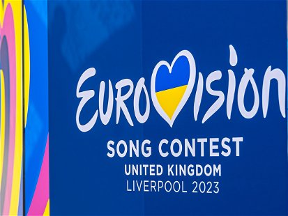 Liverpool  UK - May 1 2023: The poster of Eurovision Song Contest 2023, the upcoming Song Contest in Liverpool, UK