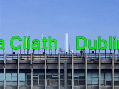 Dublin, Ireland 26.04.2020  Dublin Airport Visual Control Tower  Aer Lingus plane St Patrick
