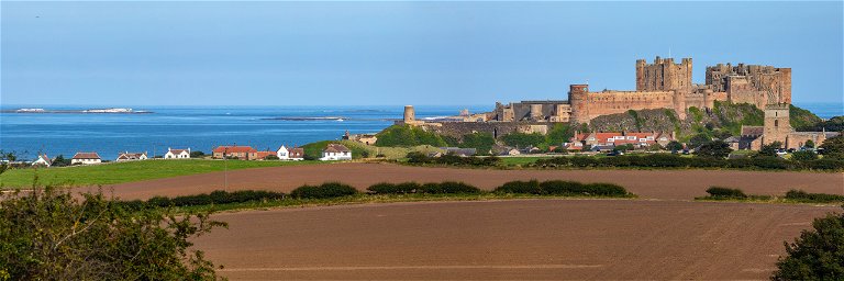 Panoramic view of Bamburgh Castle, Northumberland, UK.