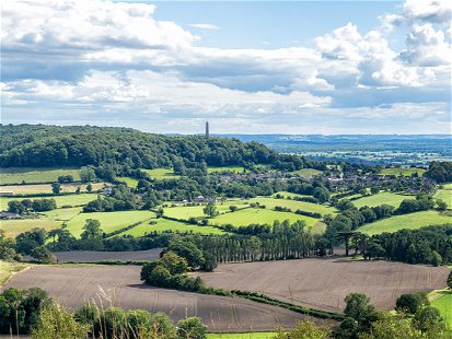 Stinchcombe Hill looking towards the Tyndale Monument and North Nibley, The Cotswolds, UK