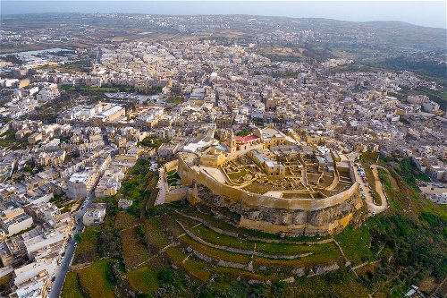 Aerial view of Citadel and Victoria city (Rabat), Gozo island. 