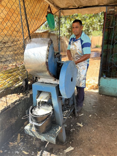 Sugarcane juice street vendor operating his press.