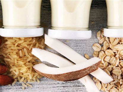 Various vegan plant based milk alternatives and ingredients. Dairy free milk substitute drink, healthy eating.