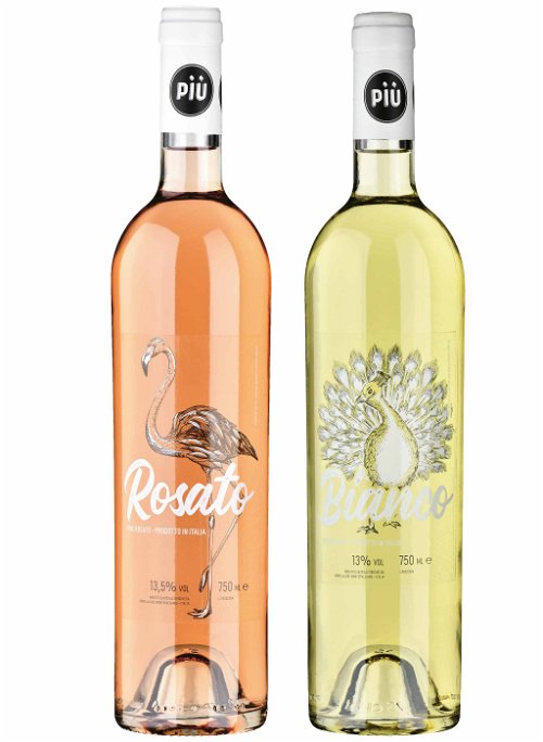 Den Startschuss für die Più-Weinlinie machte der «Flamingo Rosato»: Ein leichtfüssiger Rosé und hervorragender Speisenbegleiter, der auf dem Weingut der Familie Bindella entsteht. Rechts der weisse Pfau Bianco.