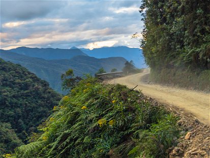 Tour bus travelling in the Yungas road, or Death Road, Bolivia