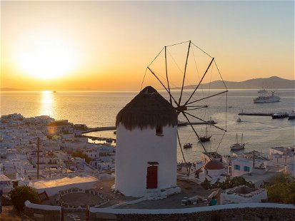 Panoramic view over Mykonos town at sunset