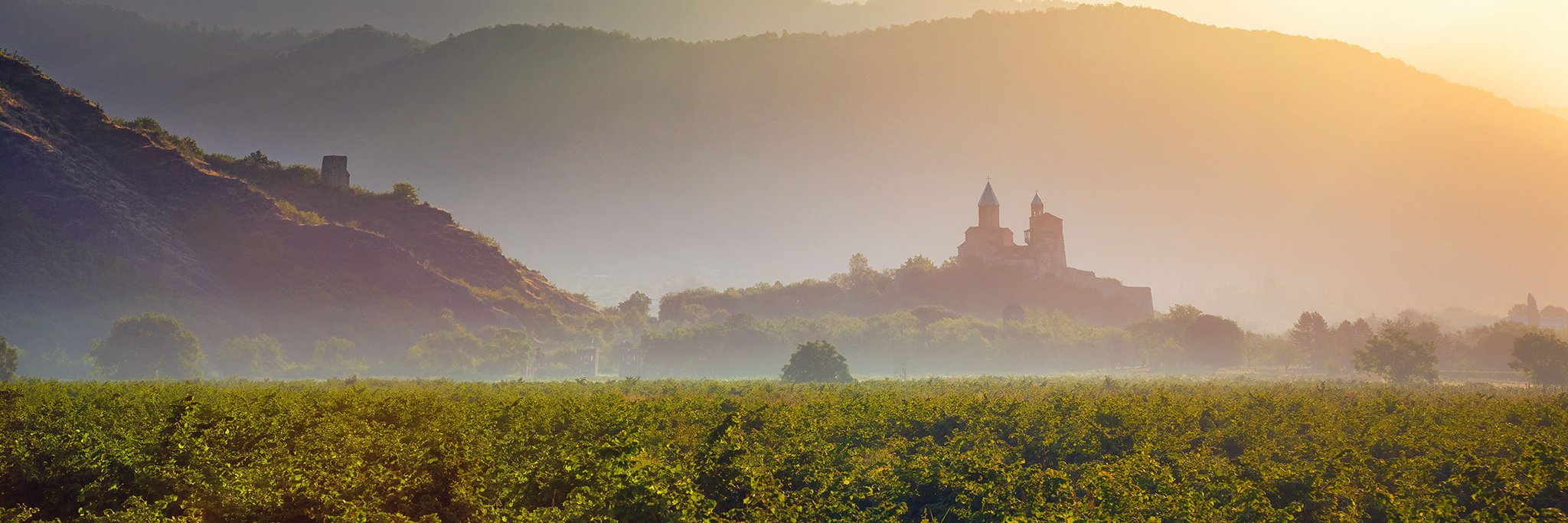 Die Morgenstunde taucht die Weinregion Kachetien und  die historische Burg von  Gremi in magisches Licht.