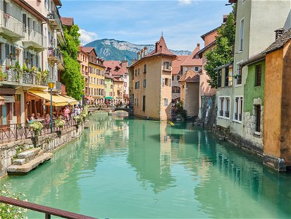 The medieval city of Annecy, July 2019, France. Annecy, France, July, 17, 2019 Houses and street life in the famous medieval part of the city of Annecy, Department of Upper Savoy, France..