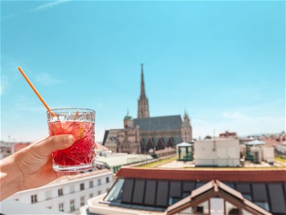 Hand with glass of cocktail with Vienna cityscape view at the background