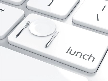 3d render of plate, fork and knife icon on the keyboard. Lunch concept