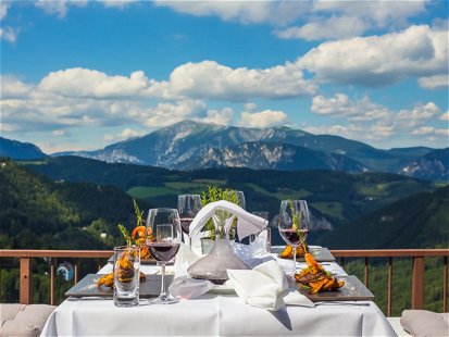 Outdoor terrace  with lunch in mountains. Semmering.