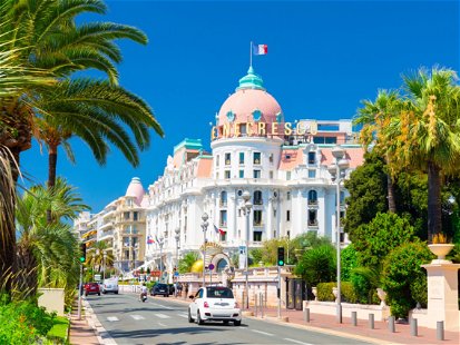 Nice, France - August 15 2019 : Symbol of the Cote d'Azur, the Negresco hotel, famous luxury hotel on the Promenade des Anglais