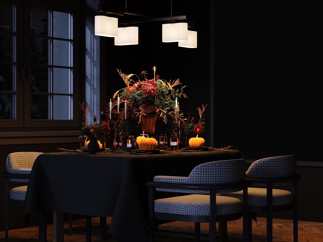 Modern Halloween living room interior. 3d rendering. Festive dinner decor
