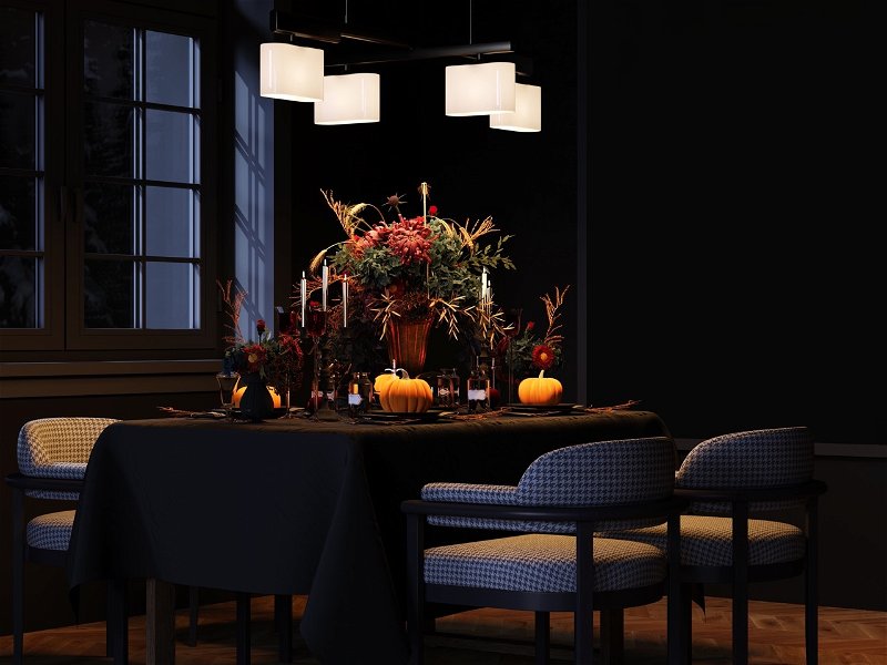 Modern Halloween living room interior. 3d rendering. Festive dinner decor
