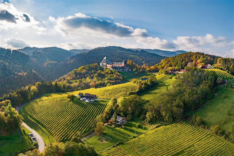 Die mächtige Burg von Deutschlandsberg ist seit Jahrhunderten gesäumt 
von Weingärten.