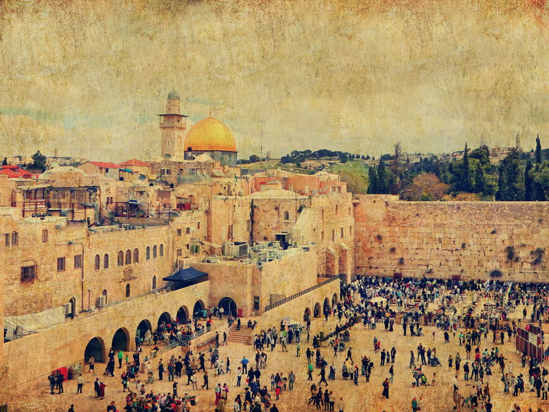 View over the Old City of Jerusalem with the Western Wall, which is important for Judaism, and - in the background - the Dome of the Rock, one of the main shrines of Islam.  