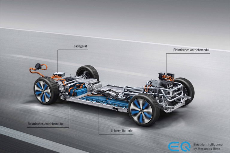 Straßenlage: Wie hier beim Mercedes EQC liegt die Batterie der E-Autos zumeist flach unter den Insassen. Der tiefe Schwerpunkt sorgt für hervorragende Fahreigenschaften.