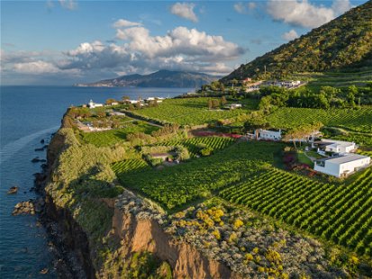 Traumhafte Kulisse: Über den steilen Klippen von Salina breiten sich die Weingärten der Tenuta Capofaro aus. Mittendrin liegt das Hotel »Capofaro Locanda &amp; Malvasia«. 