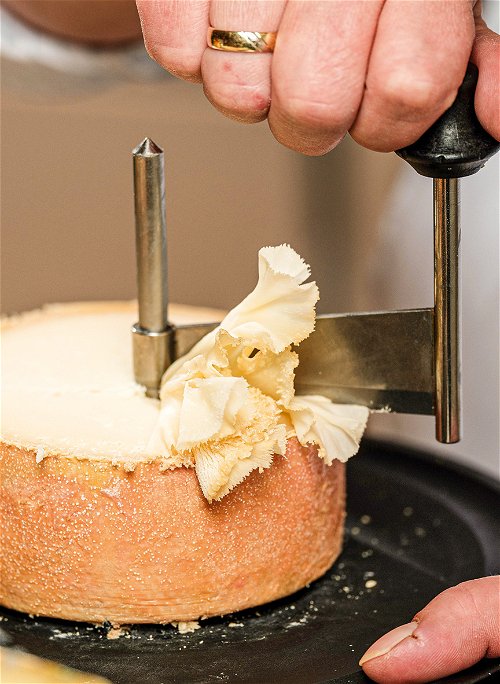 Käsevielfalt. Neben handwerklich gefertigten Käsen aus allen Bundesländern findet man im Meinl nach wie vor Käse aus aller Welt, zum Beispiel den Tête de Moine aus der Schweiz.