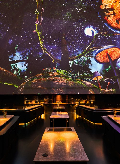Das Herzstück des »Alchemist« ist der Speisesaal »The Dome«. Die Gäste sitzen unter einer riesigen Kuppel mit Blick auf variierende kunstvolle Video-Installationen. 