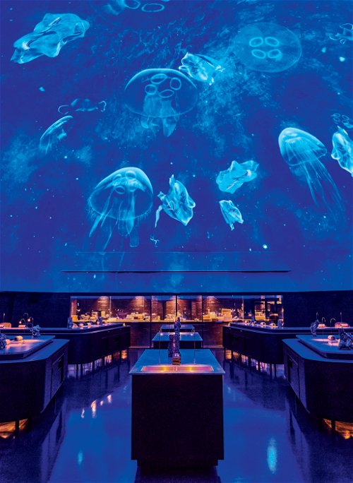 The centrepiece of the "Alchemist" is the dining room "The Dome". Guests sit under a huge dome with a view of varying artistic video installations. 