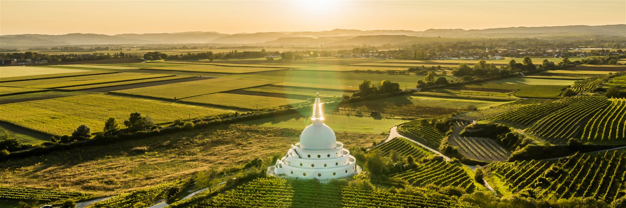 Meterhoch geschichteter Lössboden ist die Basis für die eleganten Wagramer Weine. Die Stupa bei Feuersbrunn ist eine weithin sichtbare Landmarke der Weinbauregion.