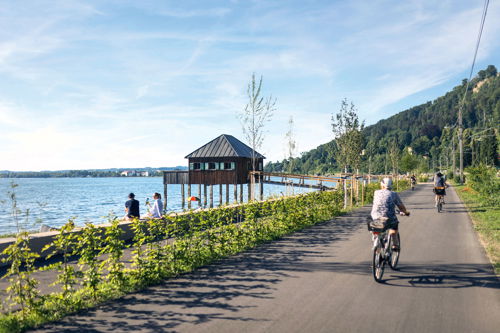 Gut ausgebaute Radverkehrswege entlang des Bodensees im äußersten Westen Österreichs. 