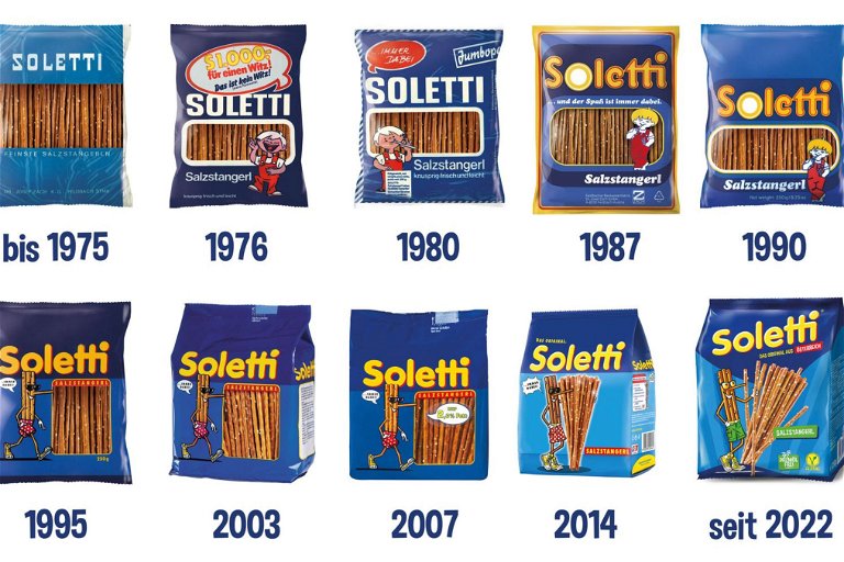 Die Verpackung von »Soletti« im Laufe der Jahre.