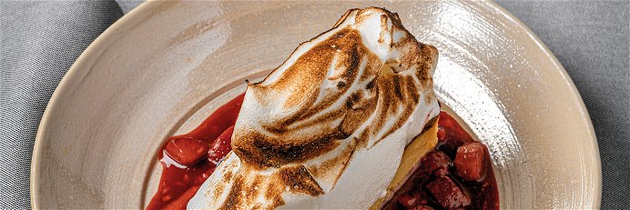 Brioche-Meringue Pudding with Strawberry and Rhubarb Compote