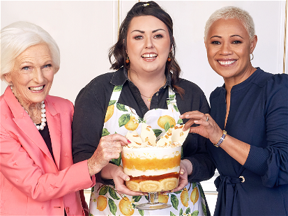 Mary Berry, Jemma Melvin &amp; Monica Galetti with the trifle.