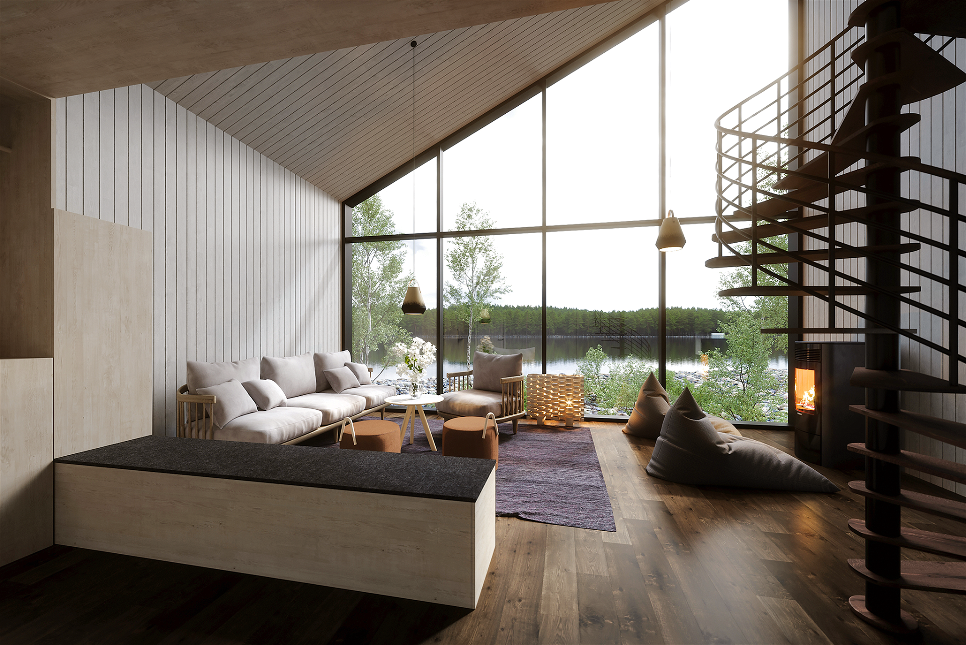 Design Die Zimmerkategorie »Land« bietet Platz für bis zu fünf Personen. Dank großer Fensterfront fühlt man eine direkte Verbindung zur umliegenden Natur. Die Dachterrasse bietet Ruhesuchenden einen entspannten Rückzugsort.