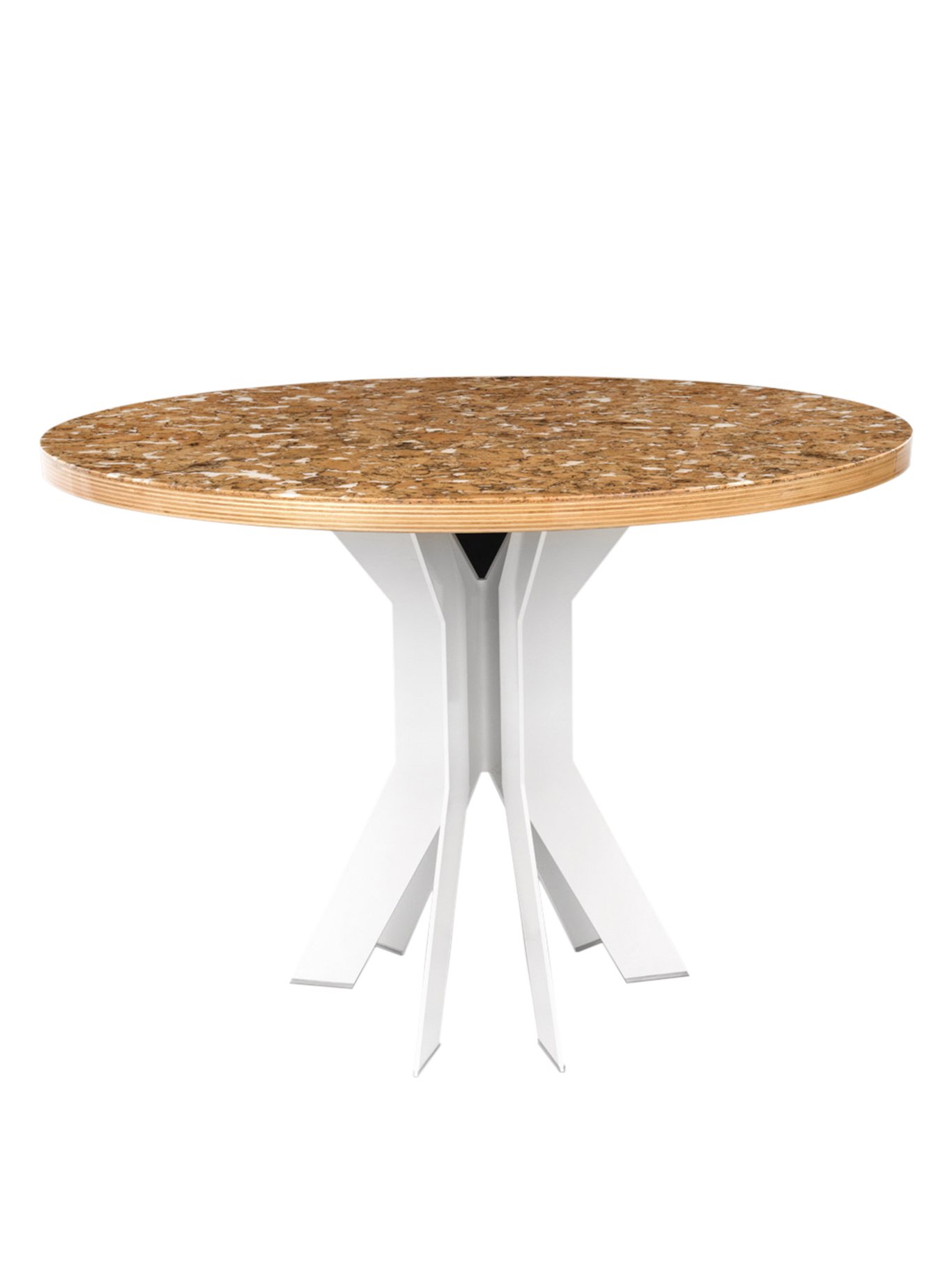 Lässiger Tisch. Die Platte besteht aus Sperrholz und Kork, wurde aber in Naturharz eingelassen. migaloohome.com