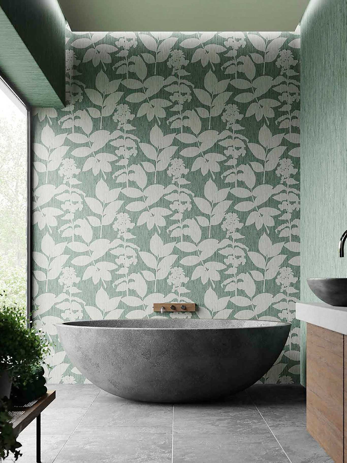 Calm Me Down Das Wallpaper »Aspen Pine« wirkt vor allem in Badezimmerbereichen beruhigend und entspannend. Botanischer Print mit texturierter Oberfläche. grahambrown.com