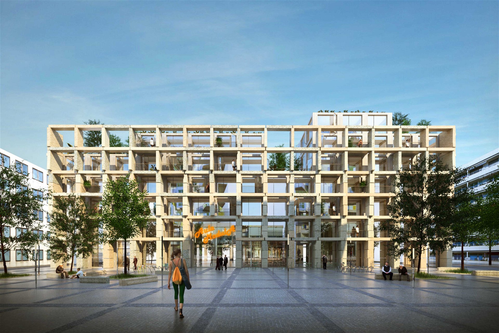 XXL-Matador: Das Wohnhaus »Aula Modula« des Pariser Architekturbüros Studio Belem beschäftigt sich mit der Frage, wie wir in Zukunft wohnen wollen. Im Inneren des Holzbauwerks verbergen sich Wohnungen mit 16 m2 großen Raummodulen.