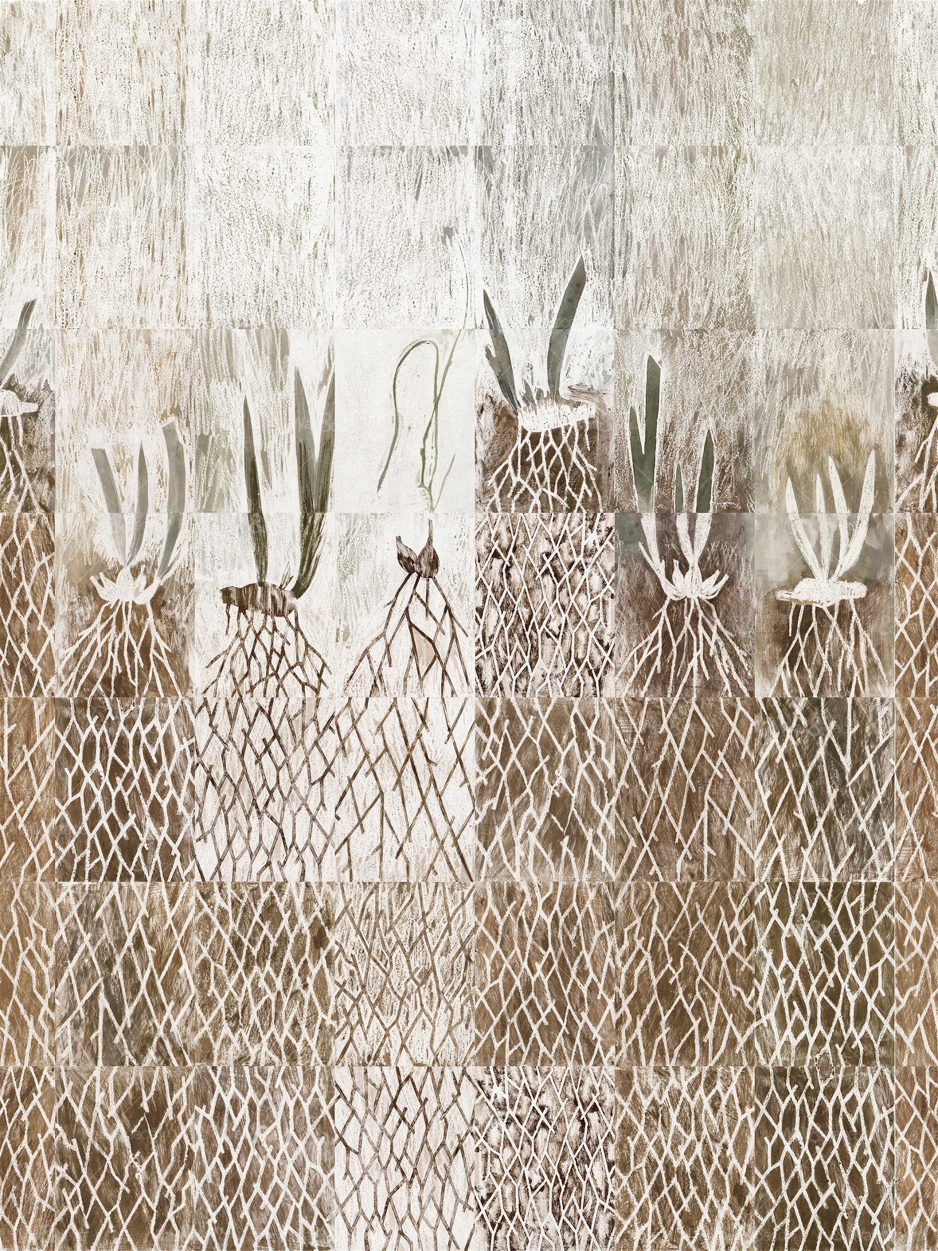 Back to the Roots: Gelungen: Das Wallpaper »WDBM2001« von Francesca Zoboli vereint abstrahierte Botanikmotive in Brauntönen mit einem geometrischen Look.