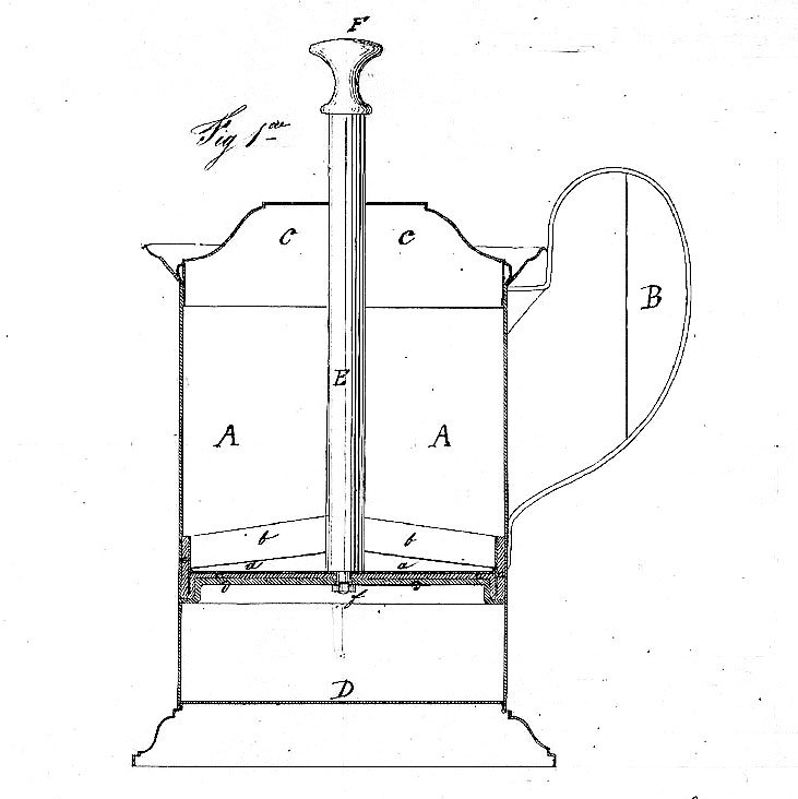 1852: Für den Vorläufer der French Press zeichnen die beiden Franzosen Mayer und Delforge verantwortlich. Ein metallenes Sieb, ein Gefäß, heißes Wasser, Kaffee – et voilà! Mehr brauchte es nicht für den Genuss des Heißgetränks. 