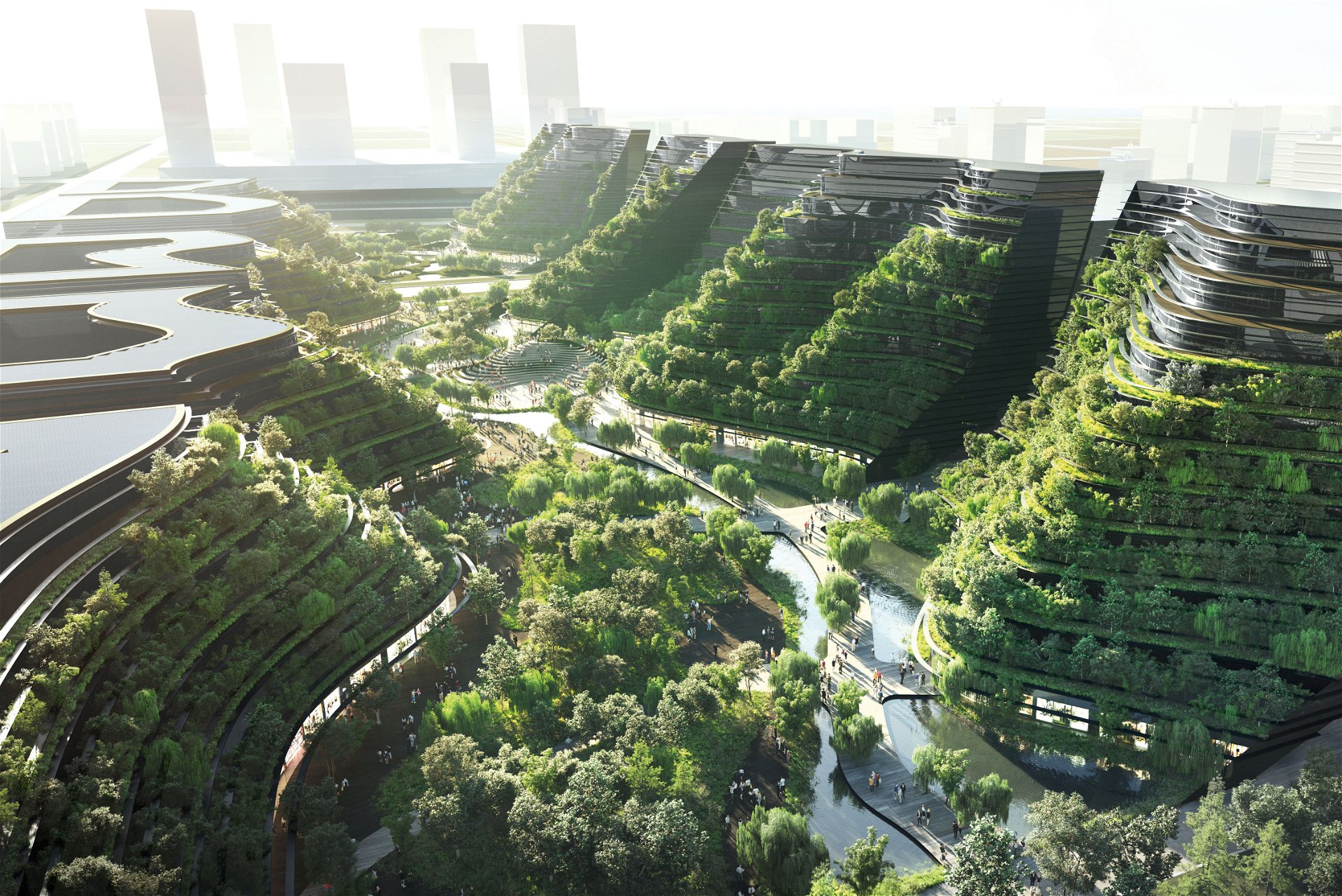 Die Entdeckung grünen Bauens In Fengxian soll eine ökologische und klimaneutrale Freihandelszone entstehen. Das 18 Hektar große Tal mit Wohnungen, Büros und Hotels soll begrünt und mit Wasserflächen bereichert werden. 