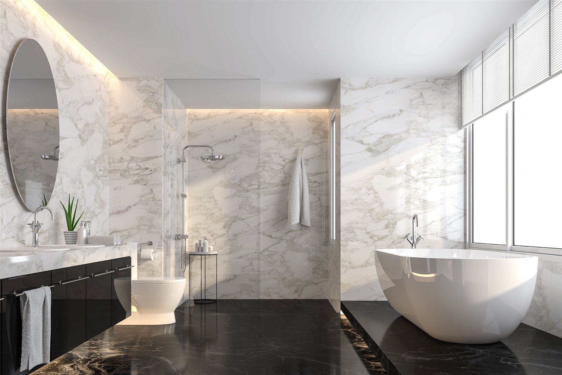 Auch ein Badezimmer in Schwarz-Weiß wirkt harmonisch und strahlt Ruhe aus.