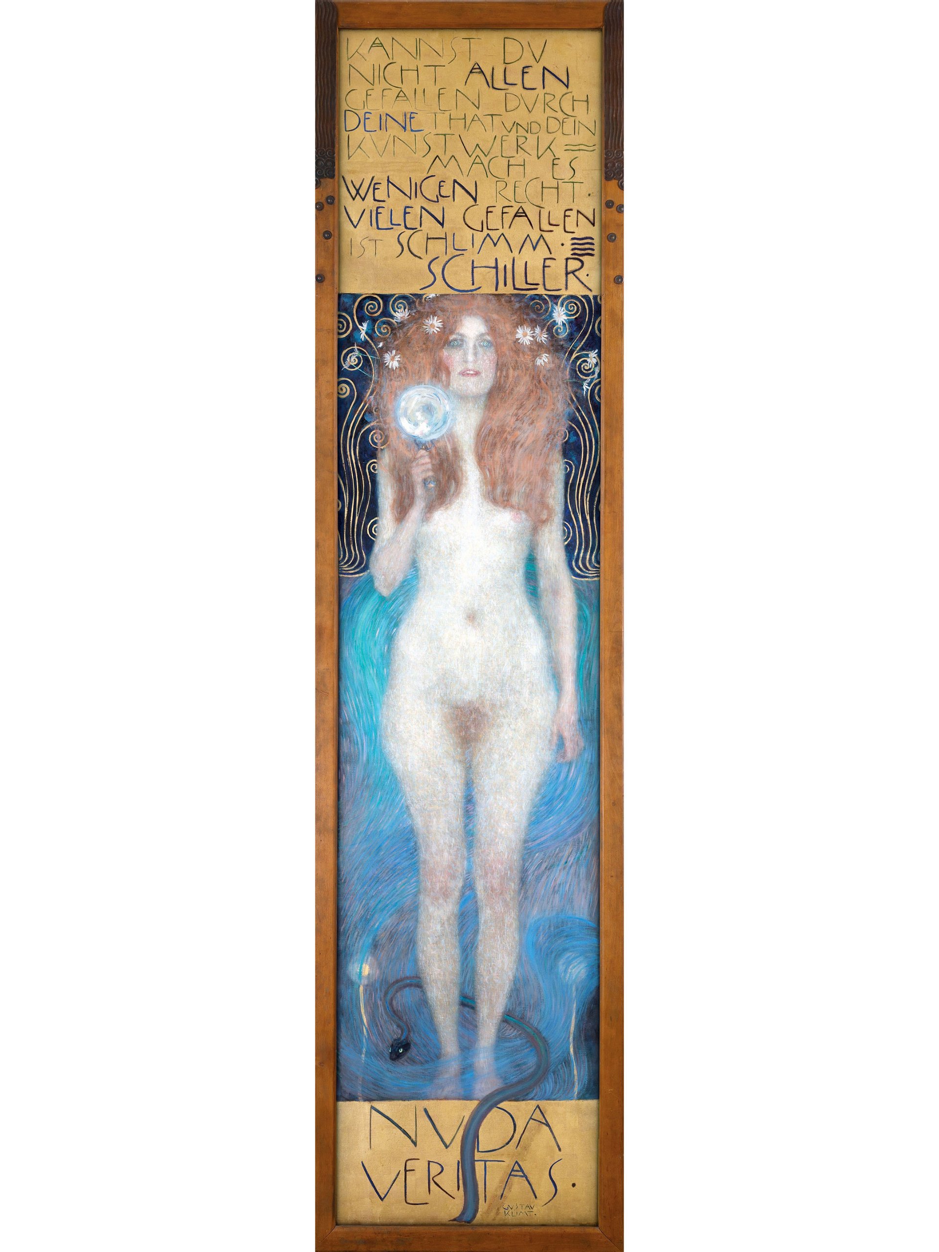  »Nuda Veritas« von Gustav Klimt. »Die überwältigend schöne Frau hält uns den Spiegel vor – allen recht getan ist eine Kunst, die niemand kann. Die kompromisslose Wahrhaftigkeit, die Gustav Klimt mit diesem eindringlichen Bild herausfordert, sollte uns nicht nur in künstlerischen Fragen beschäftigen.«