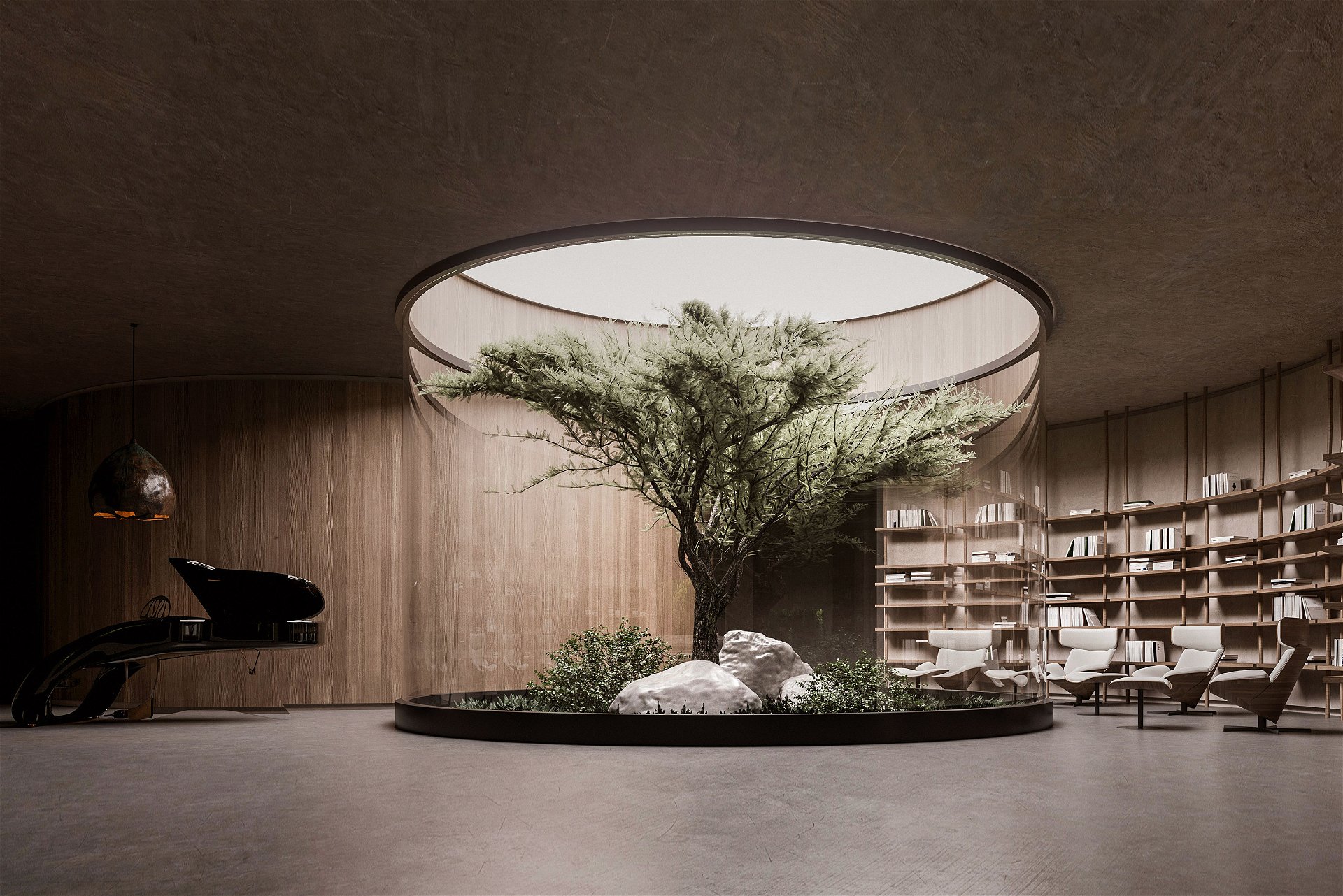 Underground House: So hell, dass man es fast für echt halten könnte. Der ukrainische Architekt Sergej Mahno ent-wickelte ein dystopisches Wohnprojekt für eine hoffentlich niemals eintretende Zukunft. Sein unterirdisches Haus »Plan B« ist für Kriege, Pandemien und Naturkatastrophen gewappnet und funktioniert nach dem Schema eines Hoch-sicherheitsbunkers. Auch in 15 Meter Tiefe darf die Schönheit nicht fehlen: Das Wohnzimmer ist rund um ein künstliches Atrium mit Baum und Beleuchtung gruppiert. mahno.com.ua