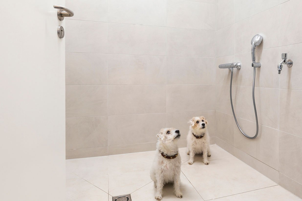 Komfortabel ausgestattete Waschbereiche für Hund und »Herrl«.