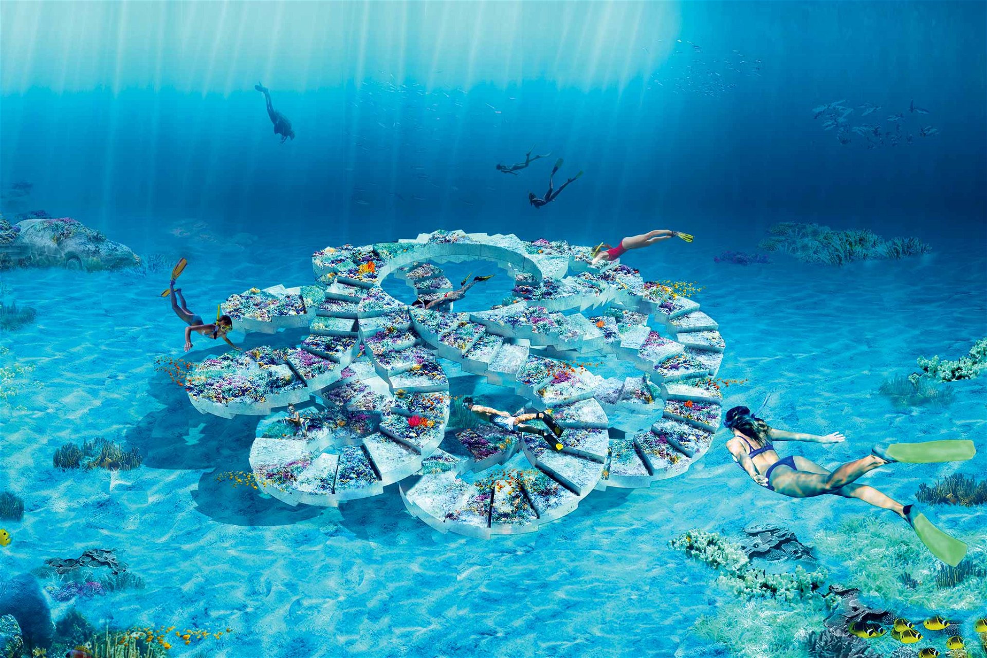 Submarine Architektur Der an M. C. Escher erinnernde Unterwasserpavillon »Reefline« von OMA, Charlotte Taylor und Nicholas Préaud wird digital verkauft und ist physisch ein Korallenriff. oma.com