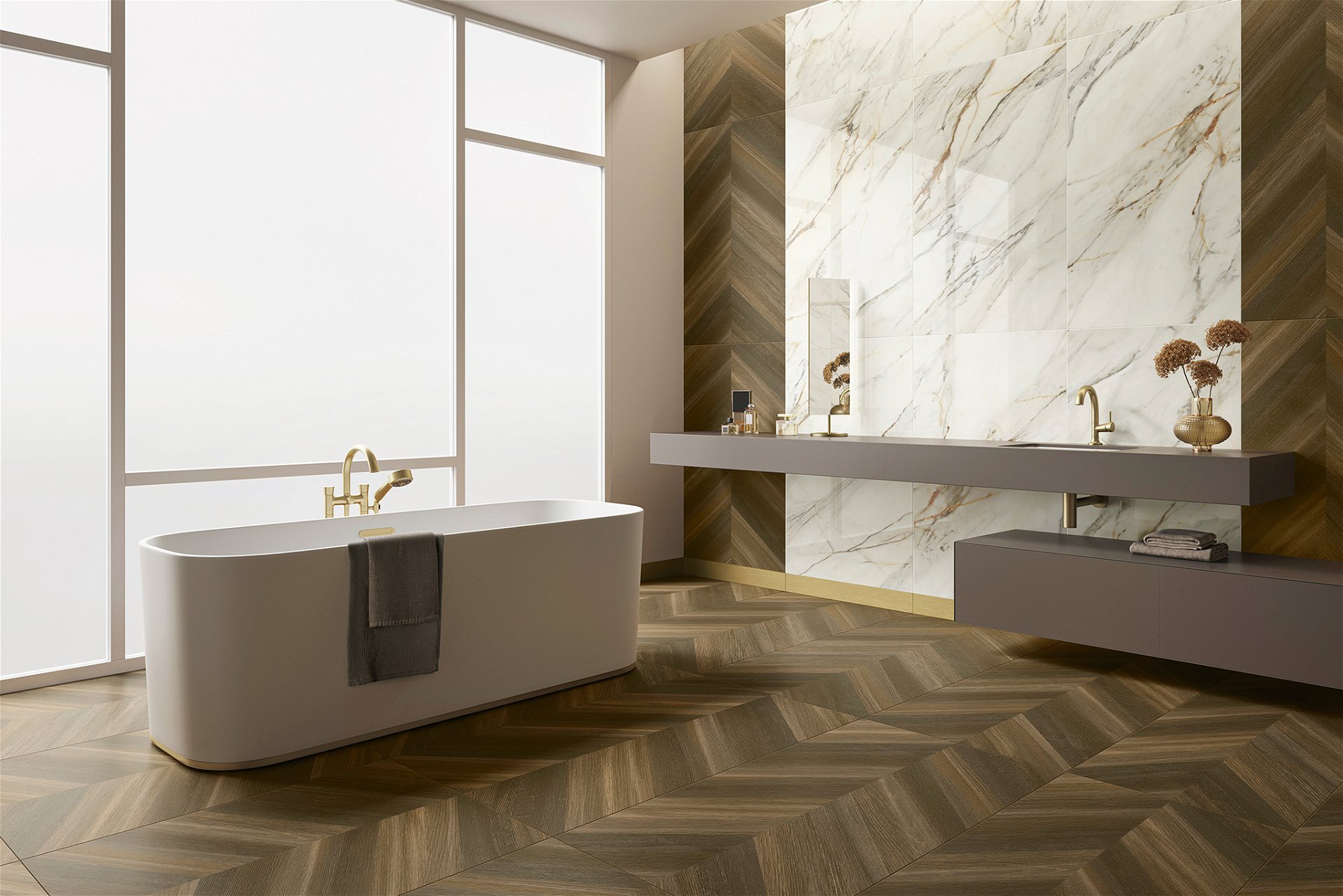 Warme Farben Raffiniertes Marmor- und Holzdesign in Keramik lässt das Bad wie ein edles Wohnzimmer erscheinen. villeroy-boch.at